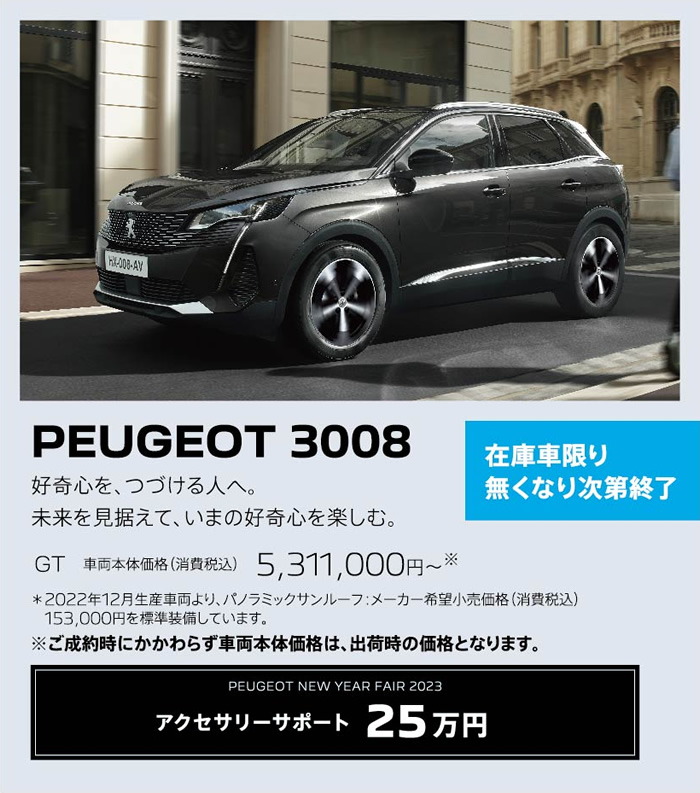 在庫車限り無くなり次第終了 PEUGEOT 3008 / 好奇心を、つづける人へ。未来を見据えて、いまの好奇心を楽しむ。 GT 車両本体価格（消費税込）5,158,000円～ | アクセサリーサポート25万円